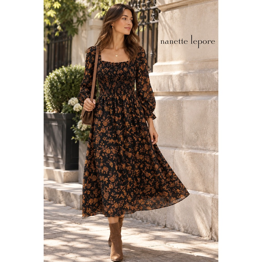 Nanette Lepore Dress Square Neck Dark Floral Midi Size 8 Boho Romantic NEW